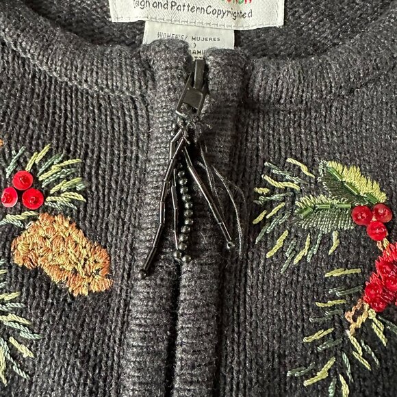 Tiara International Christmas Cardigan Sweater Womens Embroidered Birds Berries - Picture 5 of 8